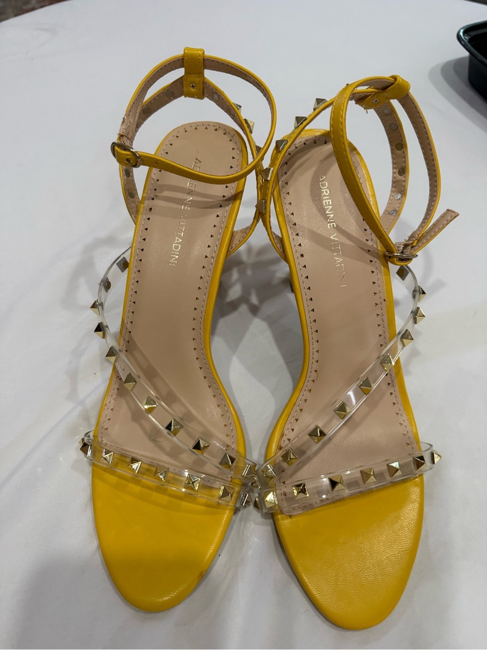 Adrienne Vittadini Yellow Studded Clear-Strap Ankle-Strap Sandals Heels New 9.5